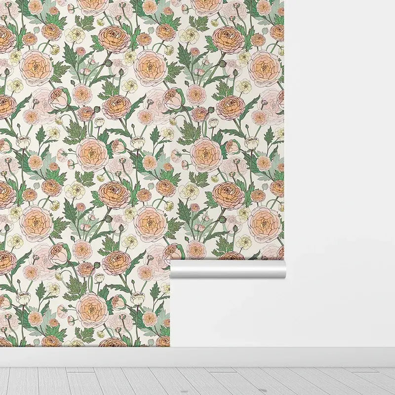 Chic Floral Watercolor Bright Peony Rose Print Self-Adhesive Wallpaper
