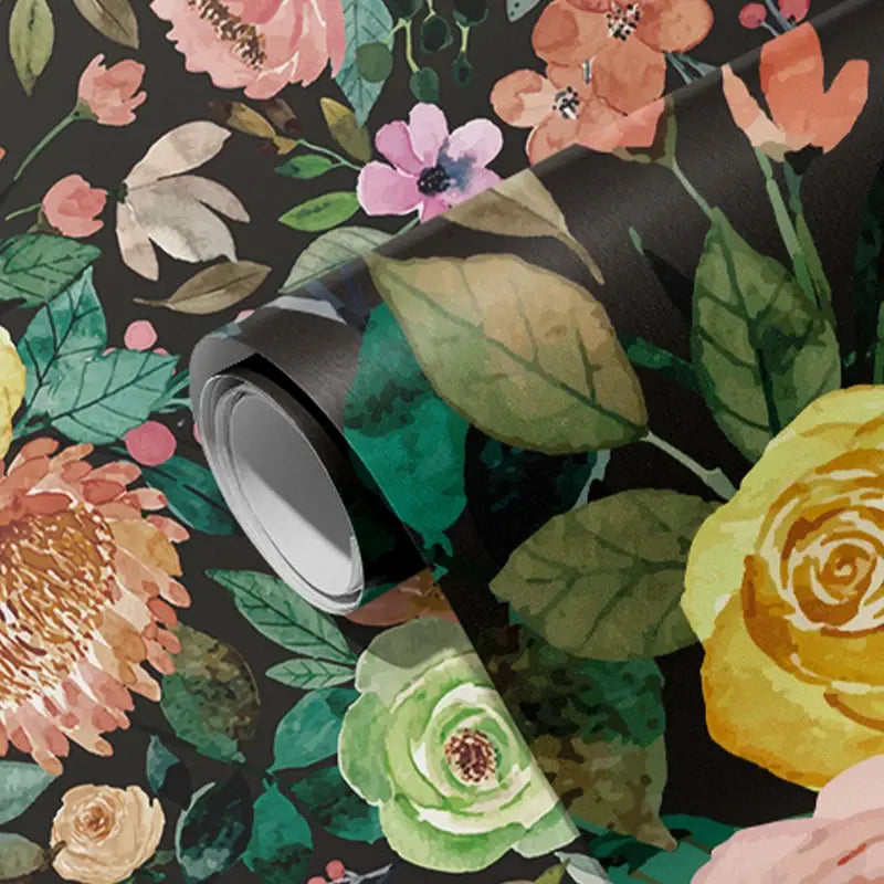 Black Floral Wallpaper - Vintage, Water-Proof, Self-Adhesive
