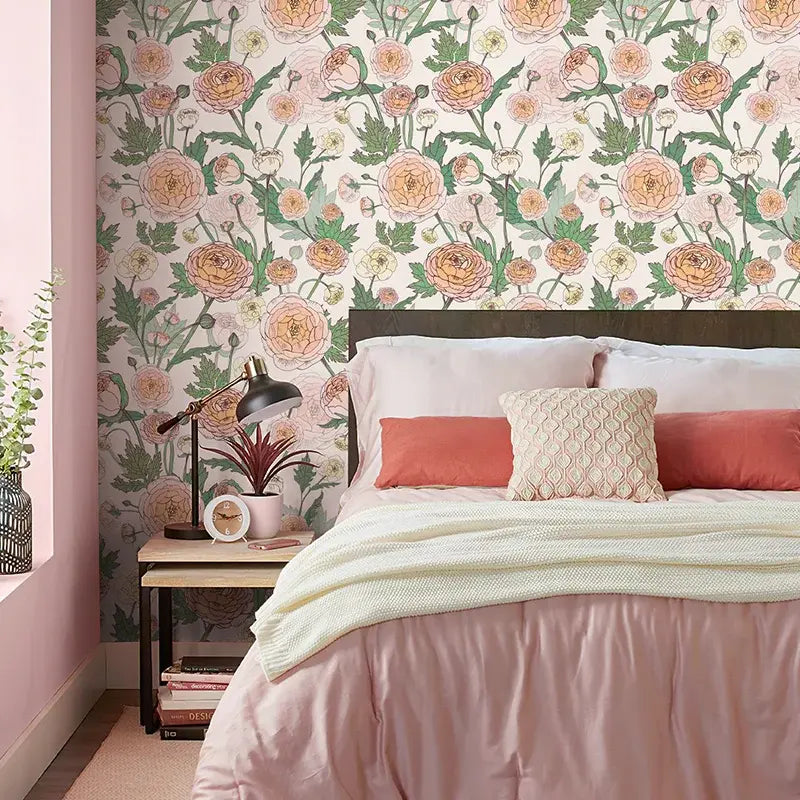 Chic Floral Watercolor Bright Peony Rose Print Self-Adhesive Wallpaper