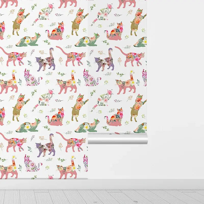 Colorful Cat-Themed Kid's Wallpaper, Funny Floral Self-Adhesive Removable Decor