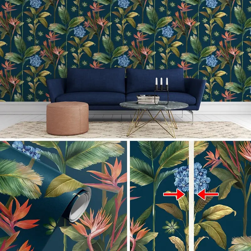Tropical Floral Wallpaper Blue Leaves Cabinet Wallpapers