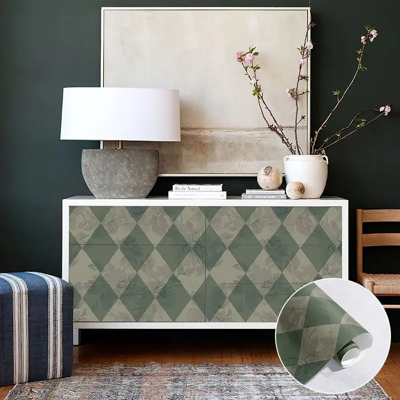 Green Lattice Wallpaper - Removable, Durable, Vintage, PVC, Peel & Stick for Home & Cabinets