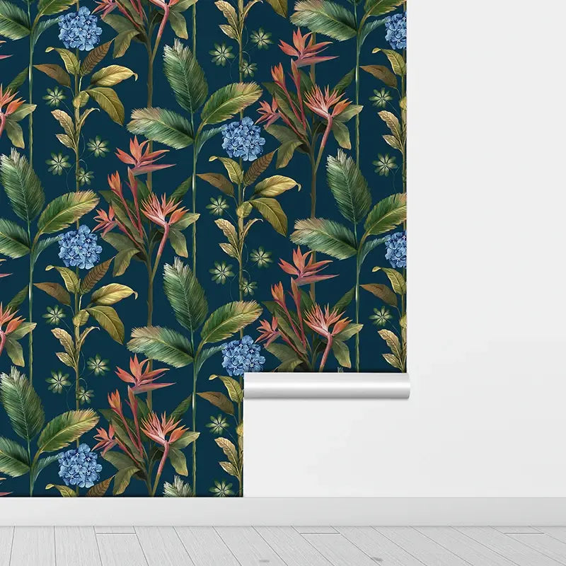 Tropical Rain Forest Floral Wallpaper Peel And Stick Vinyl Waterproof Wall Decoration Blue Leaves Removable Cabinet Sticker