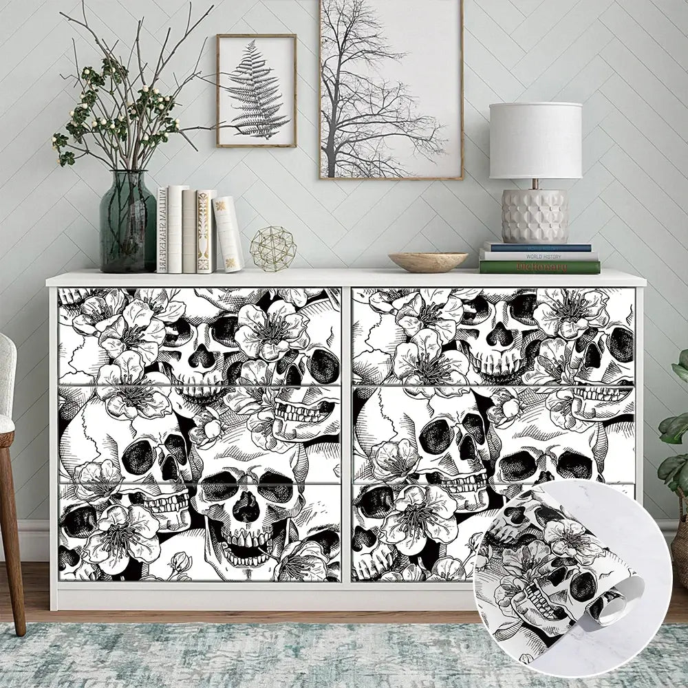 Halloween White Rose Skull PVC Wallpaper - Floral Peel & Stick Wallpapers